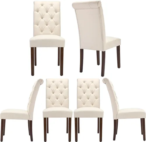Miniatura 16 de Juego de 2 sillas de comedor capitoné, sillas de comedor Parsons tapizadas, sillas auxiliares de cocina de tela con patas de madera, beige