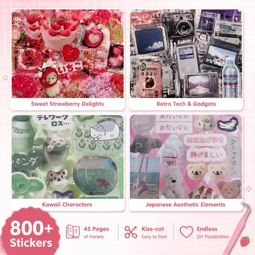 Miniatura 6 de Tmtains 45 hojas de calcomanías japonesas para álbumes de recortes, suministros de diario basura Heisei, más de 800 piezas de calcomanías coreanas