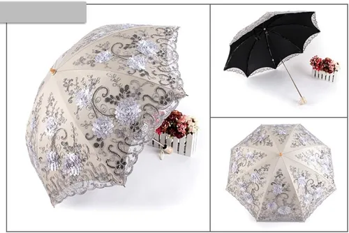 Miniatura 5 de Honeystore Sombrilla bordada con flor 3D plegable UV con encaje clásico