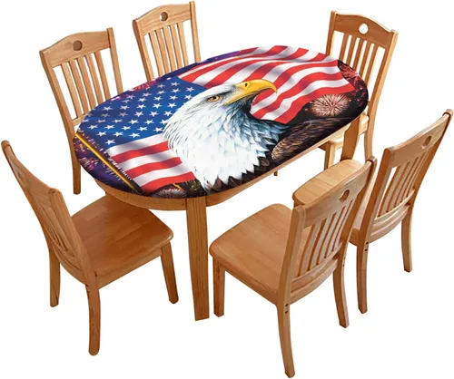 Miniatura 14 de Mantel de mesa ovalado con bandera estadounidense, mantel con bandera estadounidense sobre madera, cubierta elástica ajustada para el día