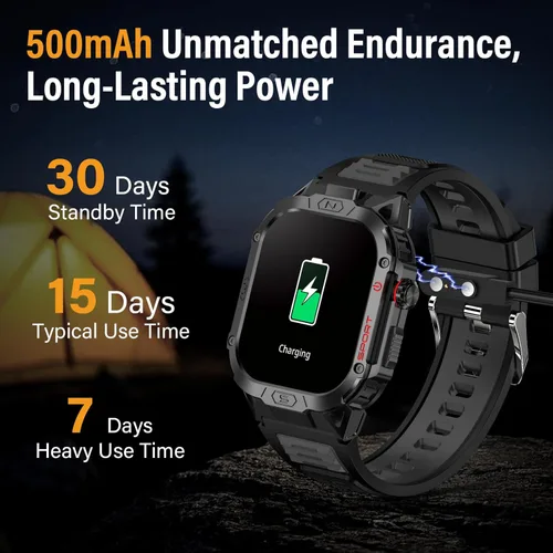 Miniatura 7 de Reloj inteligente militar para hombre, reloj inteligente deportivo al aire libre de 2.02 pulgadas con linterna, frecuencia cardíaca, oxígeno y Negro
