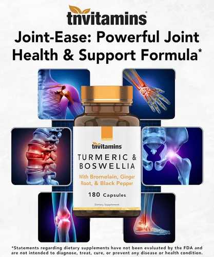 Miniatura 6 de tnvitamins Complejo de cúrcuma y boswellia (180 cápsulas) con raíz de jengibre, bromelina y extracto de pimienta negra Fórmula Joint-Easy: Potente