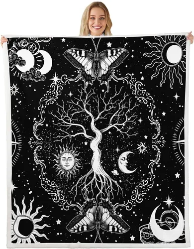 Miniatura 16 de Erosebridal Manta de árbol de la vida, sol y luna para sofá cama, manta de forro polar gótico de polilla trippy, manta de sherpa cósmica