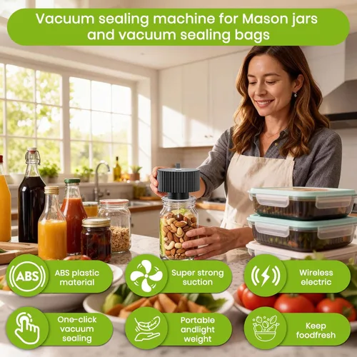 Miniatura 6 de Kit de sellado al vacío eléctrico de tarros Mason de un solo toque, para tarros Mason de boca ancha y regular, sellador al vacío portátil para Negro