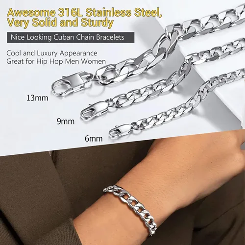 Miniatura 3 de PROSTEEL - Cadena, brazalete cubano de acero inoxidable unisex, negro, chapado en oro de 18 quilates, sin níquel, joyería hipoalergénica, 4-13 mm