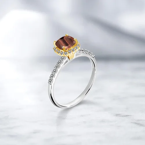 Miniatura 4 de Gem Stone King Anillo de oro blanco de 10 quilates con diamantes blancos y ojo de tigre rojo de 174 quilates con puntas de oro amarillo