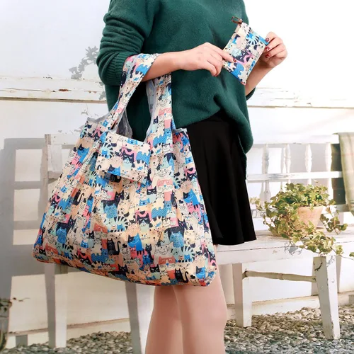 Miniatura 2 de Kingmas - Bolsas reutilizables para alimentos, plegables, ecológicas, aptas para el bolsillo, lavables, impermeables, de nailon, bolsas con asa Gato