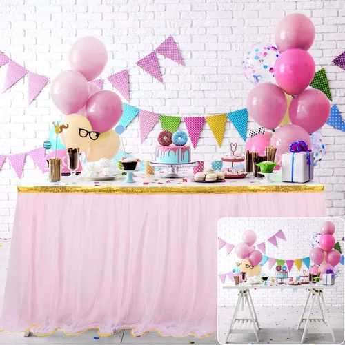 Miniatura 9 de Falda de tul con lentejuelas doradas para mesa de 6, 9 ó 14 pies, para fiestas de novia, bodas, fiestas de cumpleaños, etc., 6 ft, Rosado