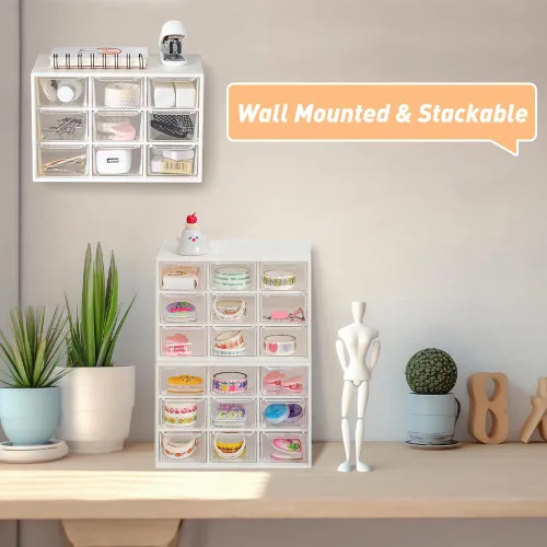 Miniatura 2 de Mini organizador de almacenamiento de plástico y bonitas calcomanías, mini organizador de cajones con 9 fundas de manualidades, organizador