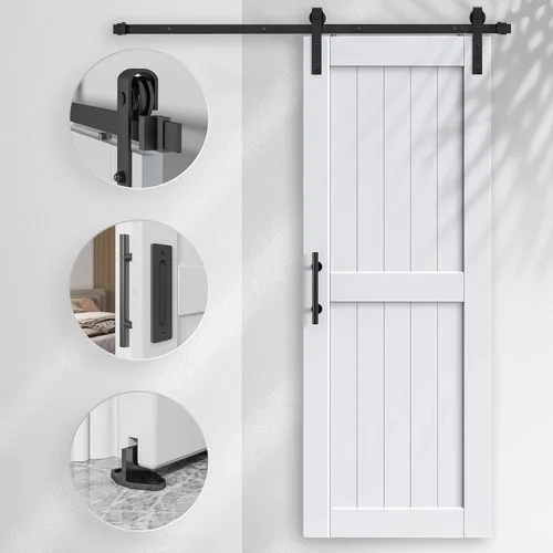 Miniatura 3 de EaseLife Puerta de granero blanca de 32 x 84 pulgadas con kit de herrajes para puerta corredera de 5.5 pies incluido y asa, cubierta de madera