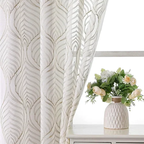 Miniatura 17 de VISIONTEX Cortinas traslúcidas blancas de 63 pulgadas de largo, juego de 2 paneles de bordado marroquí con puntos beige, tela de gasa bordada