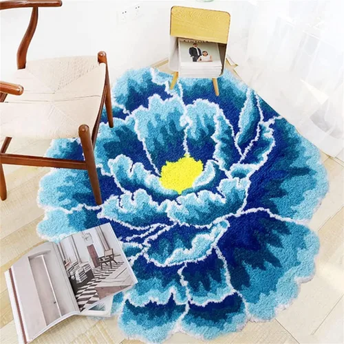 Miniatura 2 de HM&DX Alfombra de baño con forma de flor de peonía, tejida a mano, redonda, con forma de flor, suave, esponjosa, absorbente, tapete de baño, Azul