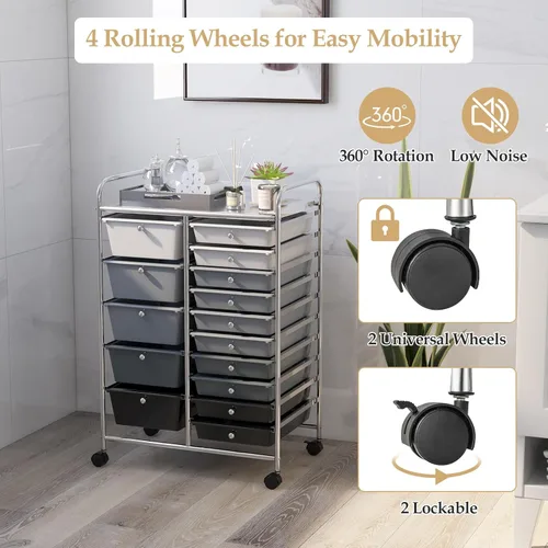 Miniatura 6 de Carrito de almacenamiento con ruedas de 15 cajones, carrito de almacenamiento móvil con ruedas bloqueables para manualidades, herramientas, Negro