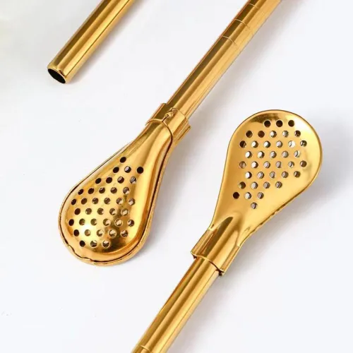 Miniatura 4 de 8 popotes de yerba mate, de acero inoxidable reutilizables dorados, cucharas con cepillo de limpieza para pajitas