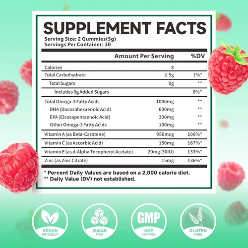 Miniatura 2 de Paquete de 2 gomitas Omega-3 de 1000 mg, aceite de pescado alternativo de Omega 3 para adultos, DHA a base de algas de 600 mg y EPA 300 mg +