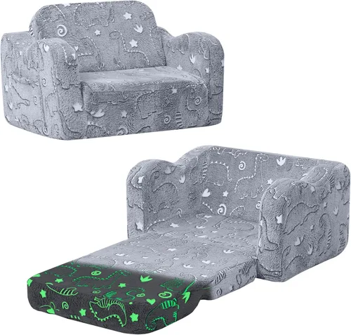 MeMoreCool Sofá de dinosaurio para niños, silla plegable para niños pequeños, sofá abatible que brilla en la oscuridad, asiento convertible para
