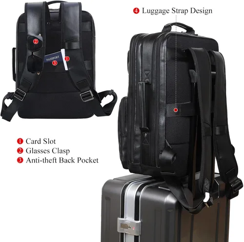 Miniatura 2 de TIDING Mochila para portátil de cuero de grano completo de 17.3 pulgadas para hombres, multibolsillos, casual, mochila de viaje de negocios, Negro