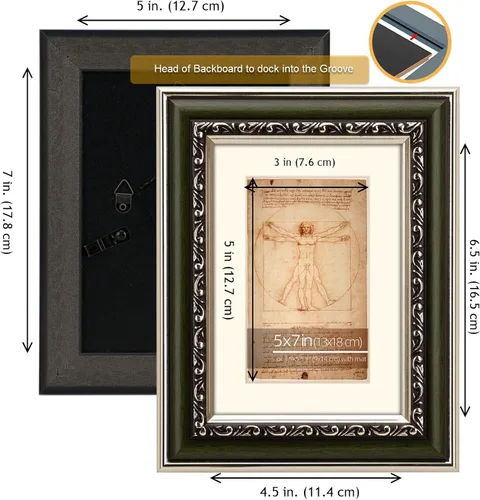 Miniatura 5 de 2 Pack de Marcos de Fotos 5x7 Desgastados en Verde con Acentos Plateados, Estilo Clásico y Ornamentado, Con Alfombrilla para Fotos de 3.5x5.5