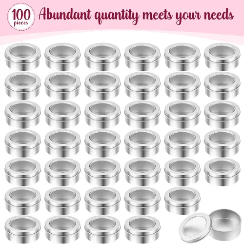 Miniatura 3 de TecUnite Paquete de 100 latas de metal de 2 onzas redondas vacías con tapa transparente para cocina, oficina, velas, dulces