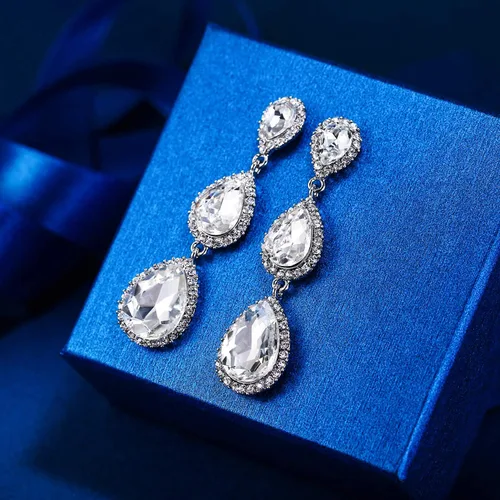 Miniatura 123 de EleQueen Pendientes de cristal austriaco en tono dorado para mujer, forma de pera de 2.5 pulgadas, color esmeralda