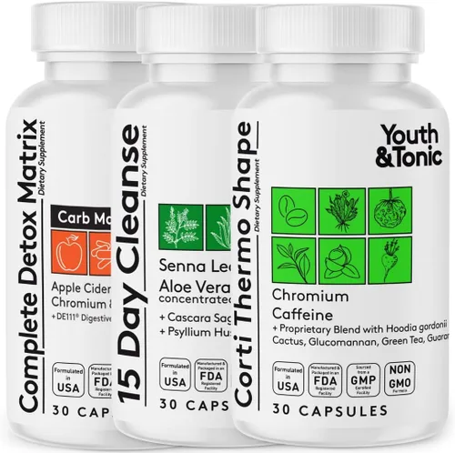 Youth & Tonic Thermogenic Corti Thermo Shape 15 Day Colon Cleanser & ACV Detox | para desintoxicación de energía y metabolismo | 90 pastillas
