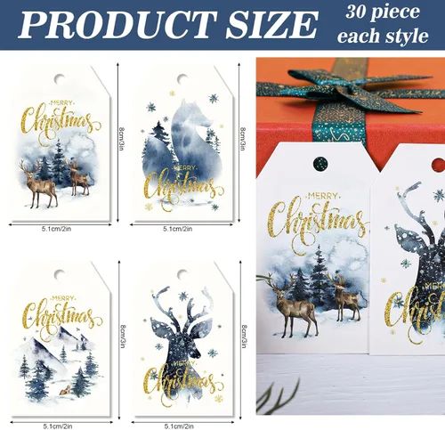 Miniatura 2 de 120 etiquetas de regalo de papel de Navidad, acuarela azul, árbol de Navidad, alce, etiquetas colgantes con cuerdas de cáñamo, 4 diseños, etiquetas