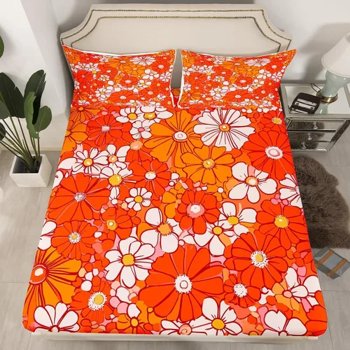 Miniatura 30 de Juego de ropa de cama con diseño floral bohemio, tamaño individual, diseño retro de flores groovy, 60S y 70S, diseño de flores hippie para niños
