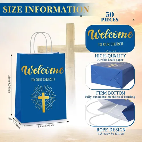 Miniatura 2 de Chuangdi 50 bolsas de regalo de bienvenida a la iglesia, bolsas de papel cristiano con asas para invitados, día de la madre, baby shower, Azul