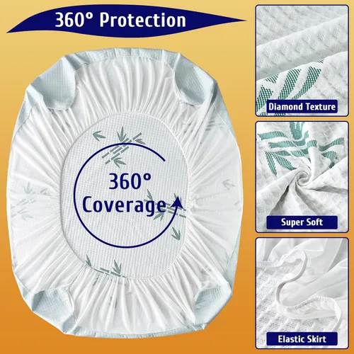 Miniatura 6 de Protector de colchón de tamaño matrimonial, funda de colchón impermeable de viscosa de bambú transpirable, estilo de rayas refrescantes, bolsillo