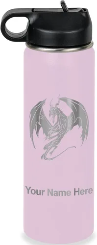 Miniatura 74 de LaserGram Botella de agua con tapa abatible de doble pared de 12 onzas con pajilla, dragón, grabado personalizado incluido (negro)
