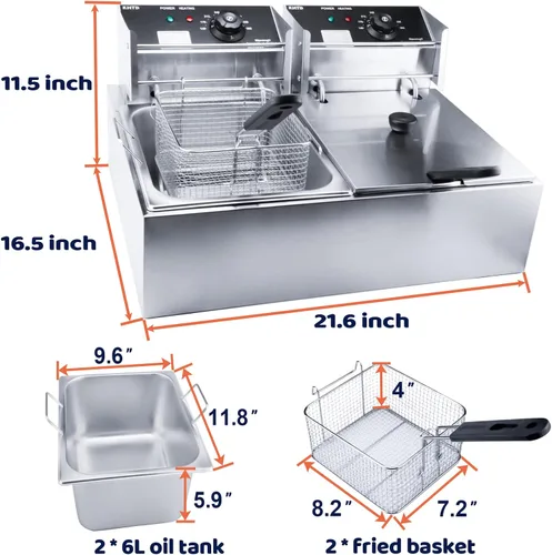 Miniatura 6 de Freidora Profunda Comercial con Cesta, 3400W 12.7QT/12L, Freidora Eléctrica de Aceite de Encimera de Acero Inoxidable Desmontable de Gran Capacidad