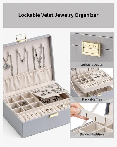 Miniatura 4 de Vlando - Joyero de 2 capas, joyero organizador grande para mujeres, bandeja de joyería removible para collares, aretes, anillos, pulseras, joyeros