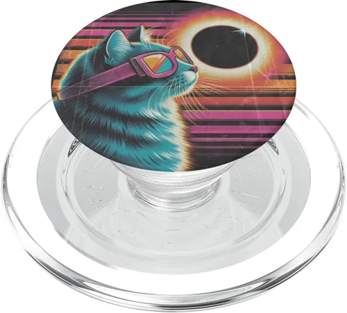 Cat Solar Eclipse - Synthwave Retro Poster Style PopSockets MagSafe PopGrip for iPhone