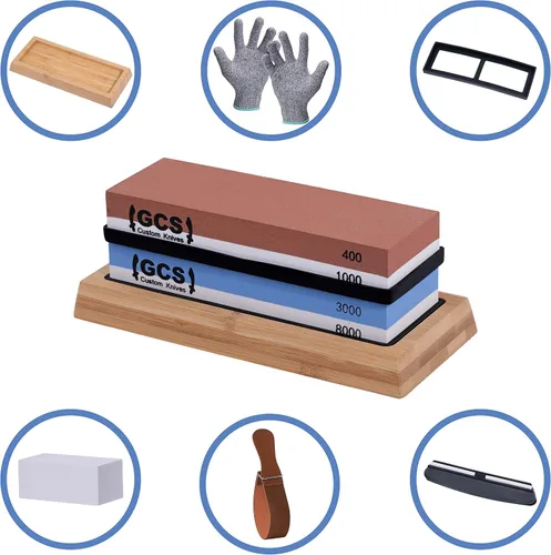 Miniatura 2 de GCS Knives Juego de piedra de afilar de doble grano 400/1000 3000/8000 - Juego de piedra de agua de afilar - Afilador de cuchillos de cocina