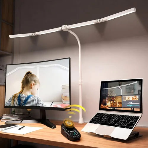 Lámpara de escritorio LED ajustable con abrazadera, luz de escritorio CRI95+ de 4 cabezales, atenuación continua y control remoto de temperatura de