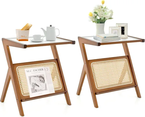 GOFLAME Juego de 2 mesas auxiliares de ratán, mesa auxiliar en forma de Z con parte superior de vidrio templado, revistero, mesita de noche bohemia,