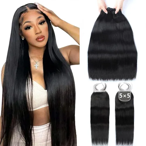 Extensiones de cabello humano lacio 12A con cierre de encaje HD de 5 x 5 (16, 18, 20 + 14 pulgadas), tejido de cabello humano virgen brasileño 100%