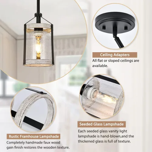 Miniatura 7 de Lámpara colgante de granja, luz de cocina de vidrio sembrado con jaula de metal, lámpara colgante rústica con acabado de madera envejecida, luz