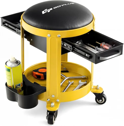 Miniatura 7 de Goplus - Taburete mecánico con ruedas, asiento tipo enredadera para taller con asiento acolchado removible, 2 cajones, bandeja para herramientas