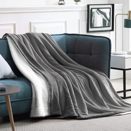 Miniatura 9 de Walensee Manta de vellón Sherpa (Tamaño Queen de 90 x 90 pulgadas, gris), manta de felpa gris peluda súper suave reversible de franela de microfibra