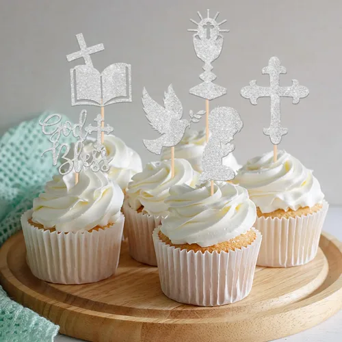 Miniatura 4 de 24 piezas de decoración para magdalenas con purpurina de paloma con brillantina, cáliz de la Biblia, para magdalenas, decoración de pasteles