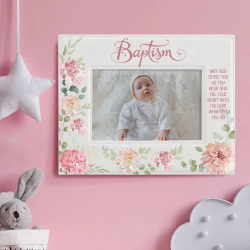 Miniatura 3 de KATE POSH Marco de fotos de bautismo para niña, decoración de flores rosas, bautizo, regalo religisoso, de padrinos, bebé nuevo (4 x 6 horizontal)