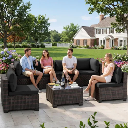 Miniatura 11 de LEVELEVE Juego de muebles de patio al aire libre, sofá seccional de conversación de ratán de tejido manual con mesa de centro de vidrio templado