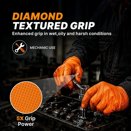 Miniatura 3 de TitanFlex Heavy Duty Orange Industrial Nitrile Gloves with Raised Diamond Texture, Latex Free (6mil/8mil)