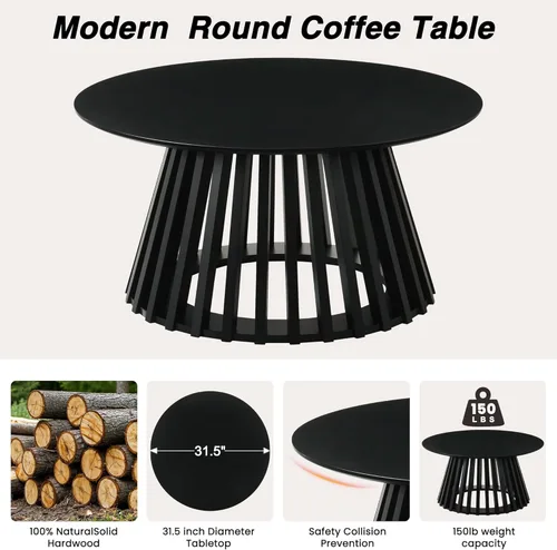 Miniatura 7 de HNY Mesa auxiliar redonda negra moderna para sala de estar, mesa central pequeña de madera de mediados de siglo de 31.5 pulgadas con base acanalada