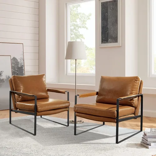 Miniatura 22 de Art Leon Silla de acento moderna de mediados de siglo, de piel sintética, con patas de metal negro, silla lateral única de salón para sala de estar