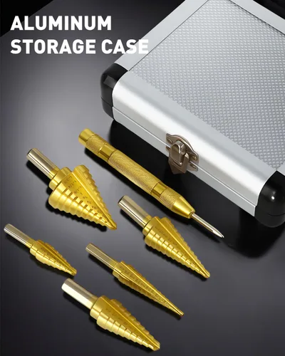 Miniatura 4 de COMOWARE Juego de brocas escalonadas, 5 piezas, revestimiento de titanio con punzón central automático, longitud corta, cuchillas de corte doble