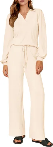 PRETTYGARDEN Conjunto de dos piezas de ropa de otoño para mujer, manga larga, solapa, cuello en V, blusas, pantalones de pierna ancha, chándal