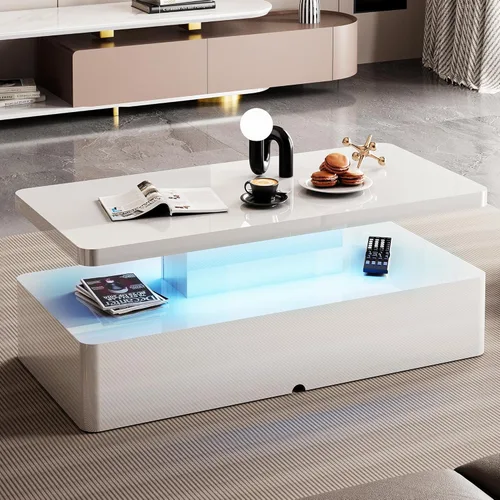 Miniatura 8 de AHB Mesas de centro contemporáneas para sala de estar, mesa de centro LED con esquina redondeada en 16 colores, mesa de 2 niveles de alto brillo