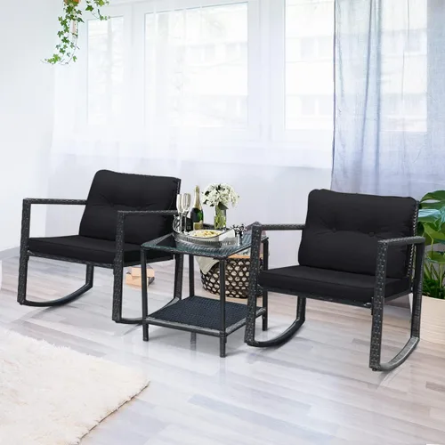 Miniatura 3 de RELAX4LIFE Juego de sillas mecedoras para exteriores, juego de 3 piezas de mimbre de polietileno con mesa de cojines y estante de almacenamiento